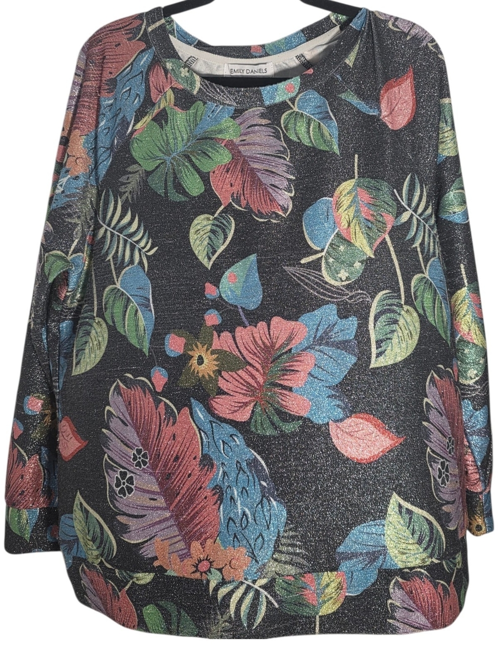 Emily Daniels Women's Black Floral Metallic Long-Sleeve Top XL